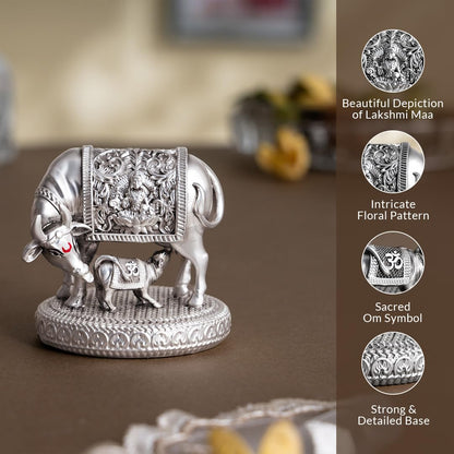Svastika 999 Silver Plated Kamdhenu Cow with Calf Idol | 2.5 Inch Kamadhenu Gomatha Vastu Showpiece | Kaamdhenu Idol for Puja | Anniversary Wedding Housewarming Gift
