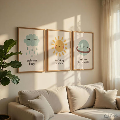 Baby Nursery Wall Painting Set of 3 with Wooden Frames | Cute Cloud Sun Planet Kids Room Wall Art | HD Sparkle Printed MDF Cartoon Wall Decor for Nursery, Baby Room & Kids Bedroom