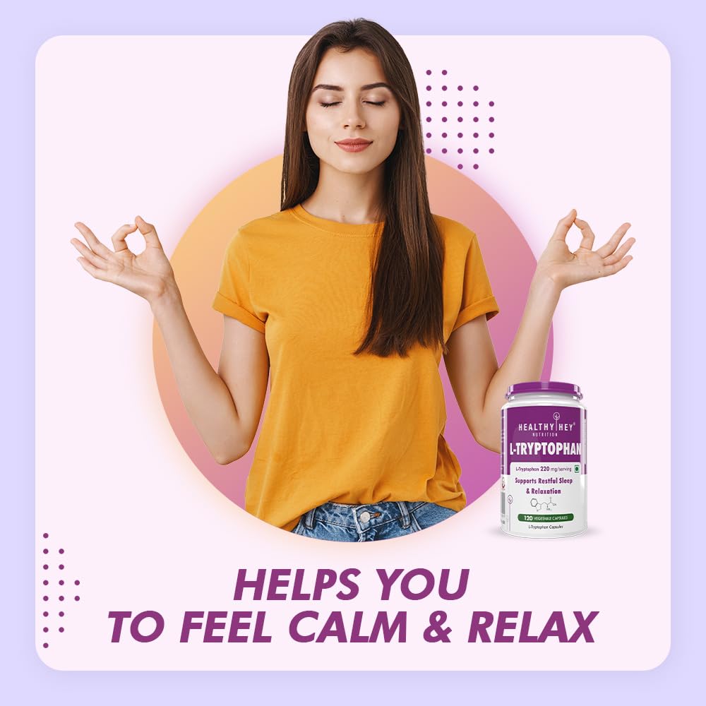 Woman in orange shirt meditating with L-tryptophan supplement on a purple background