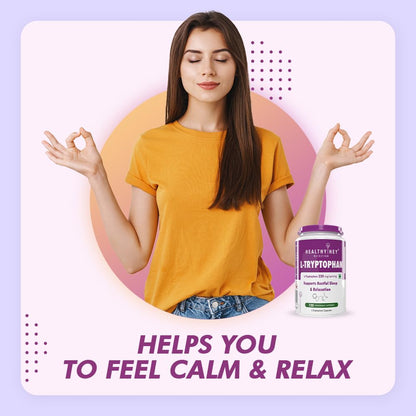 Woman in orange shirt meditating with L-tryptophan supplement on a purple background