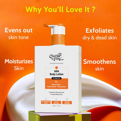 Chemist At Play 5% AHA Body Lotion for Smooth & Hydrated Skin 236ml | Exfoliates Dead Skin | Reduces Signs of Ageing | Smoothen & Moisturizes Skin | 5% (Natural AHA, Niacinamide & Shea Butter