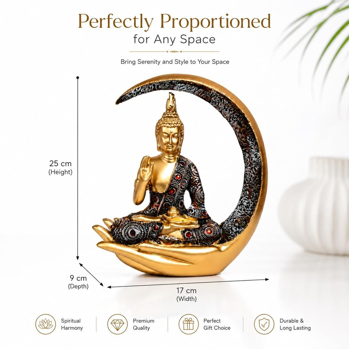 10 Inches 3D Resin Lucky Golden Crescent Moon Meditating Buddha Statue | Lord Gautam Buddha Idol for Home Decor, Living Room, Office & Gifting