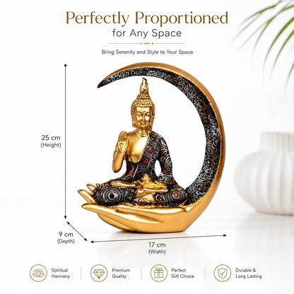 10 Inches 3D Resin Lucky Golden Crescent Moon Meditating Buddha Statue | Lord Gautam Buddha Idol for Home Decor, Living Room, Office & Gifting