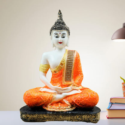 Meditating Buddha Polyresin Idol Showpiece - Perfect for Living Room, Bedroom and Office Space Home Decor Staircase Wall Decoration Ideal Gifting (White Orange Sitting Buddha)