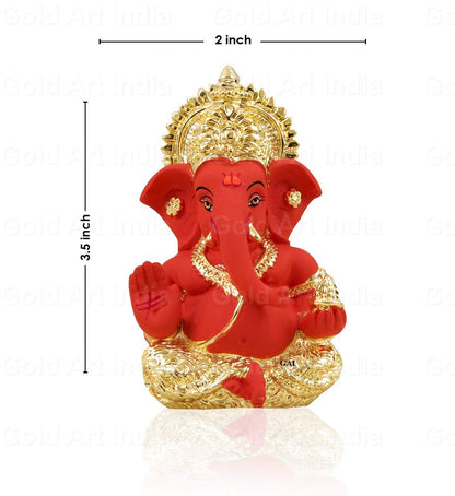 Gold Art India Gold and Silver Plated Gold and Orange Ganesh Idol for Car Dashboard Ganesha Murti Ganpati Idol for Home Decor Puja Lord Ganesh Statue Gift for Office Desk Puja Room Figurine