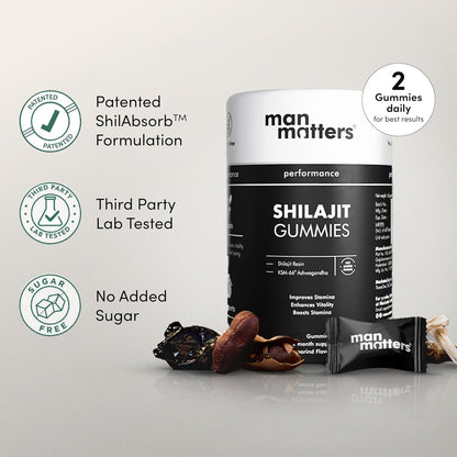 Man Matters Pure Himalayan Shilajit/Shilajeet Gummies with 75% Fulvic Acid & KSM 66 Ashwagandha | Boosts Stamina, Strength & Improves Energy Levels | No Added Sugar | Pack of 30