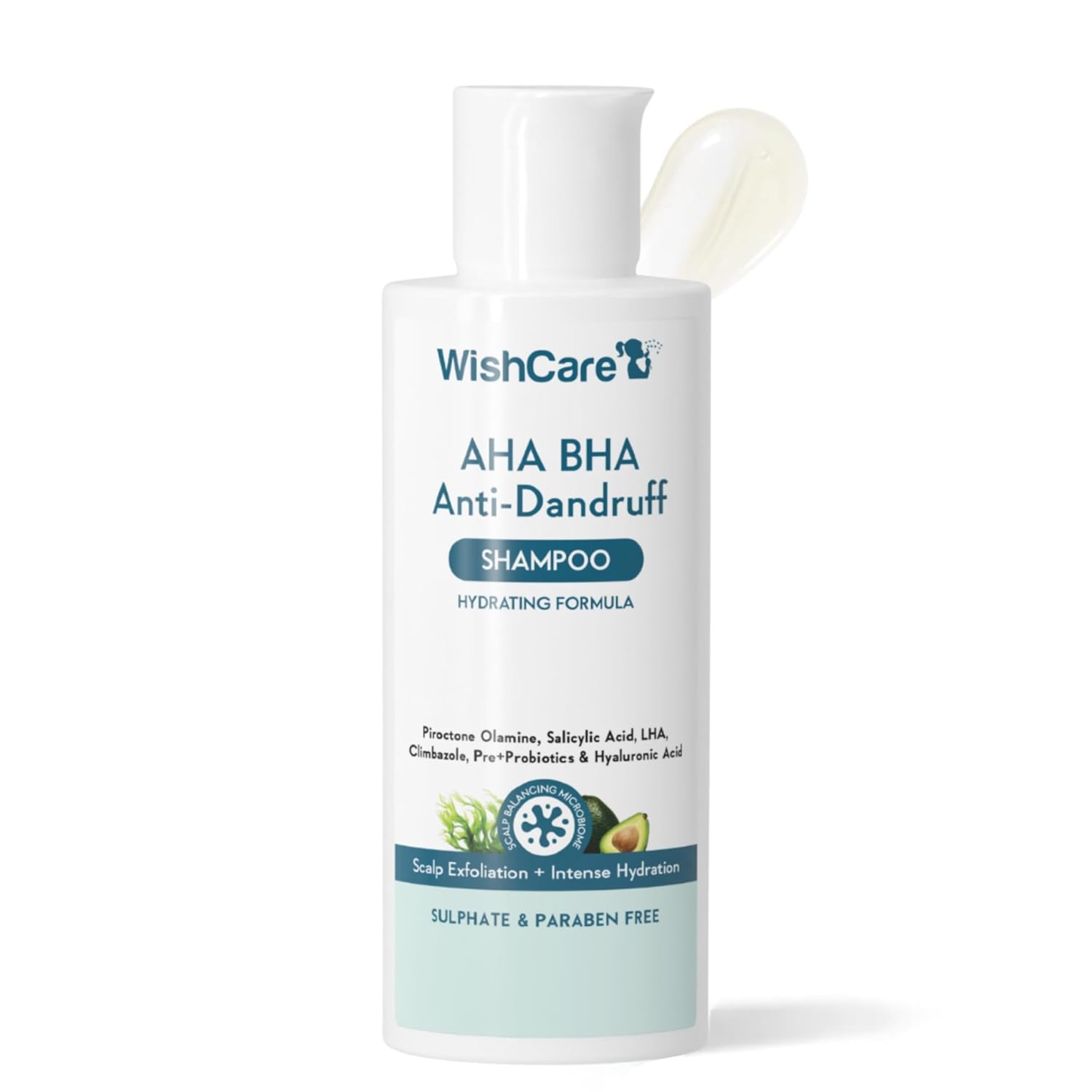 WishCare AHA BHA Anti-Dandruff Shampoo bottle on a white background