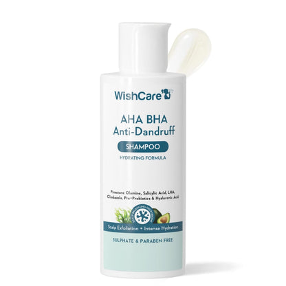 WishCare AHA BHA Anti-Dandruff Shampoo bottle on a white background