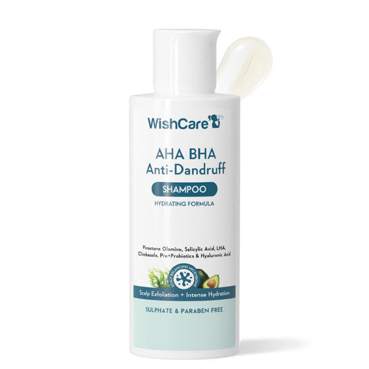 WishCare AHA BHA Anti-Dandruff Shampoo bottle on a white background