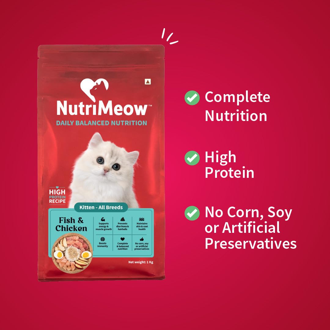 NutriMeow Fish & Chicken Kitten Dry Food for All Breeds - 400 gm | Daily Balanced Nutrition with Protein, Vitamins & Minerals for Growth Support | Healthy Digestion, Immunity, Skin & Coat Support