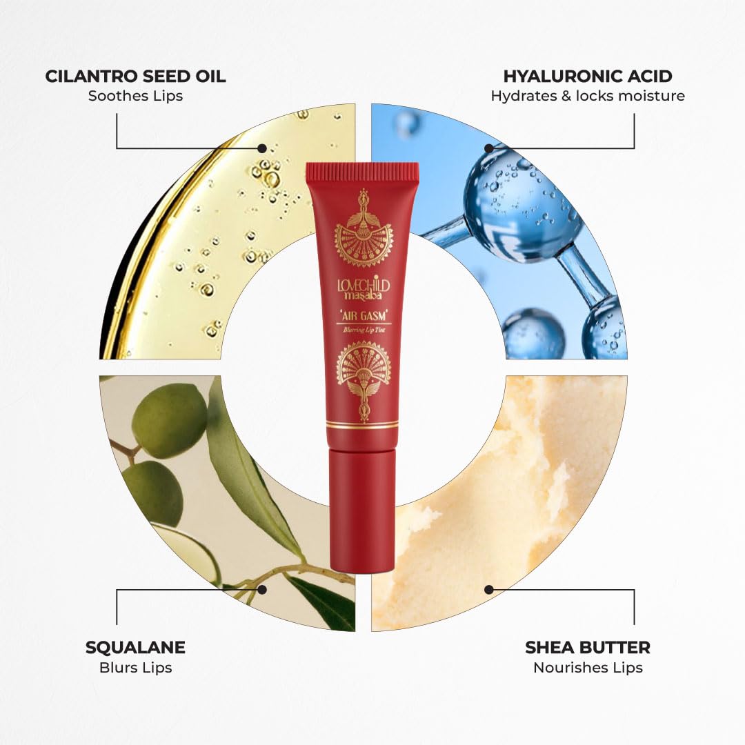LoveChild Masaba "Air-gasm" Blurring Lip Tint, Swipe Red (Reddish Pink), Lightweight, Velvety Matte Finish, Hydrating Lip Color with Hyaluronic Acid, Squalane & Shea Butter, For All Indian Skin Tones, 8ml
