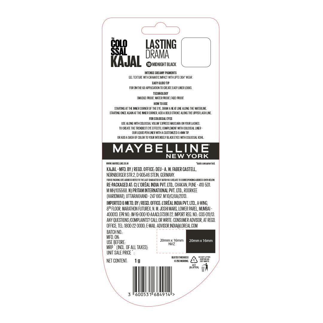 Maybelline New York Colossal Lasting drama Kajal - 36H Wear, Waterproof, Smudge Proof Kajal - 10 Midnight Black, 0.31g