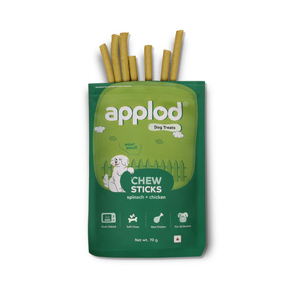 Applod Soft Spinach & Chicken Chew Sticks for Puppies, Adult & Senior Dogs | Nutritious Soft Chew Training Treats Gentle on Teeth | Healthy Veggie Dog Snacks | 70g