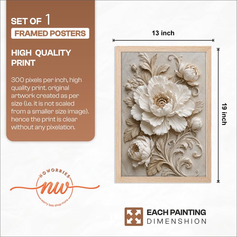 Floral Botanical Wall Painting with Frame | Premium Textured Flower & Leaf Artwork, Pastel Nature Wall Decor Framed for Living Room Bedroom Office and Home Decoration (Art-6,13x19inch)