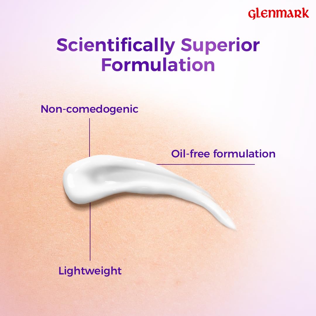 Skincare product smear on skin with 'Scientifically Superior Formulation' text and Glenmark logo.