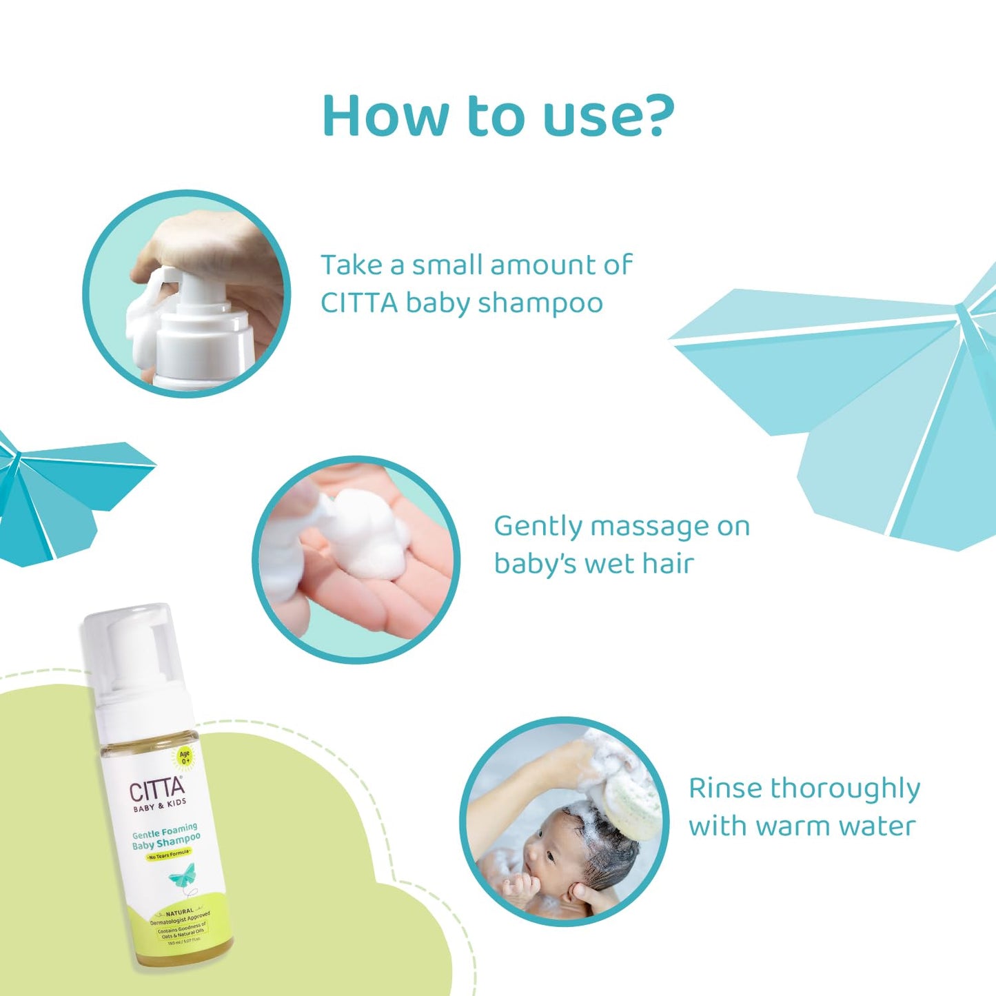 CITTA Natural Gentle Tear-free Foaming Baby Shampoo for new born & Kids with Coconut Oil, Olive Oil and Oats | For delicate scalp | Safe for cradle cap | 150 ml
