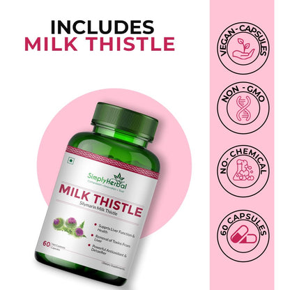 Bottle of SimplyHerbal Milk Thistle supplement with pink background and feature icons.