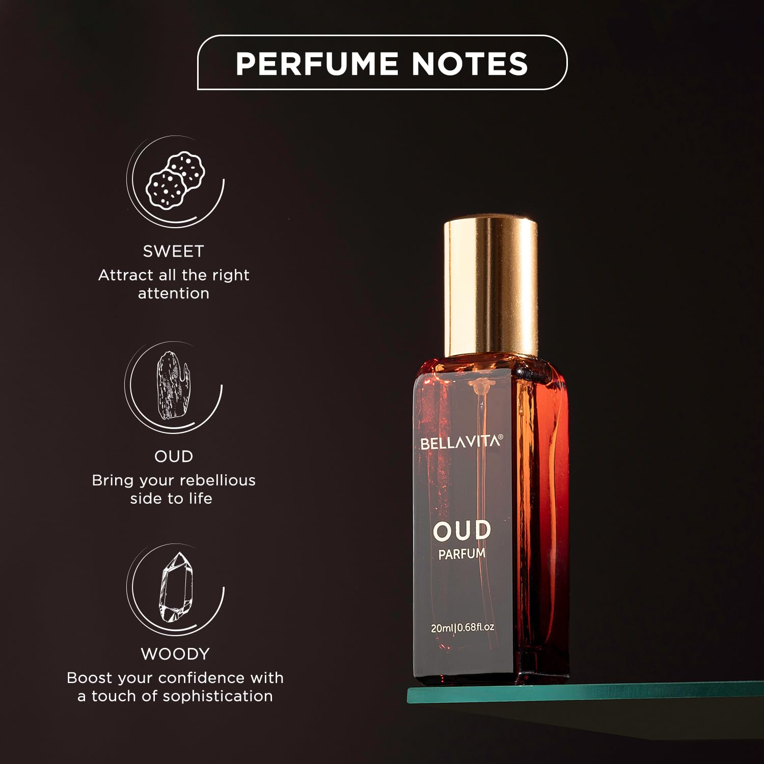 Bellavita Oud perfume bottle with notes on a dark background