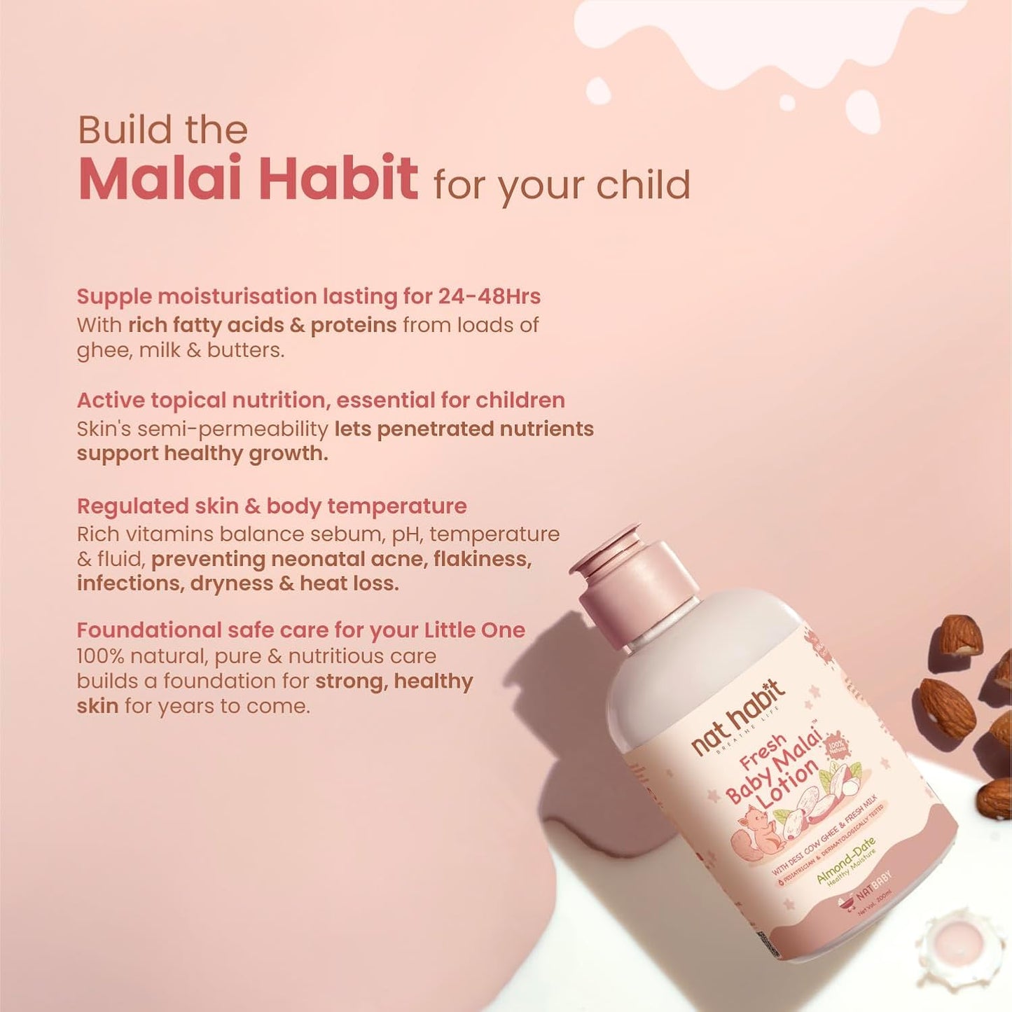 Nat Habit Baby Malai Lotion |Almond & Date| Baby Body Lotion & Moisturizer for Deep Nourishment & Skin Barrier Protection | 100% Natural, Chemical-Free Baby Cream | 200ml