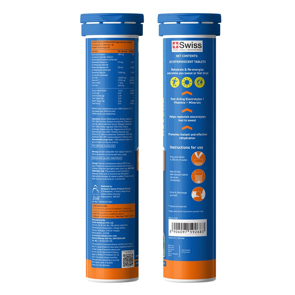 Fast&Up Reload (5 Litres) Low Sugar energy drink for Instant Hydration - 20 Effervescent Tablets with all 5 Essential Electrolytes + Added Vitamins - Certified Electrolytes Drink - Mango flavour