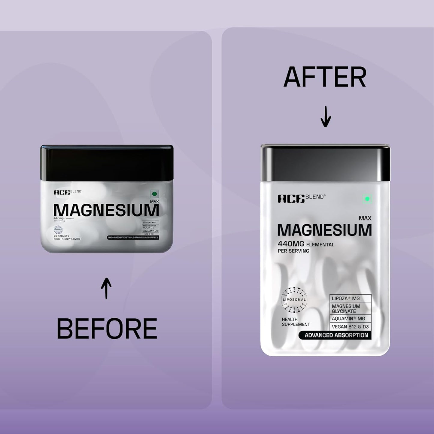 Ace Blend Max Magnesium Glycinate (60 tablets) | 1600mg Triple Complex | 440mg Elemental Magnesium | Calcium, Vegan Vitamin B12 & D3 | Promotes Deep Sleep, Muscle Recovery & Heart Health