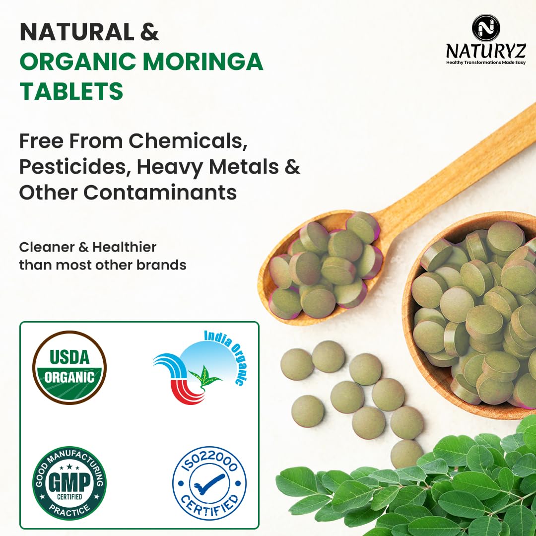 Naturyz organic moringa tablets with certification logos on a white background