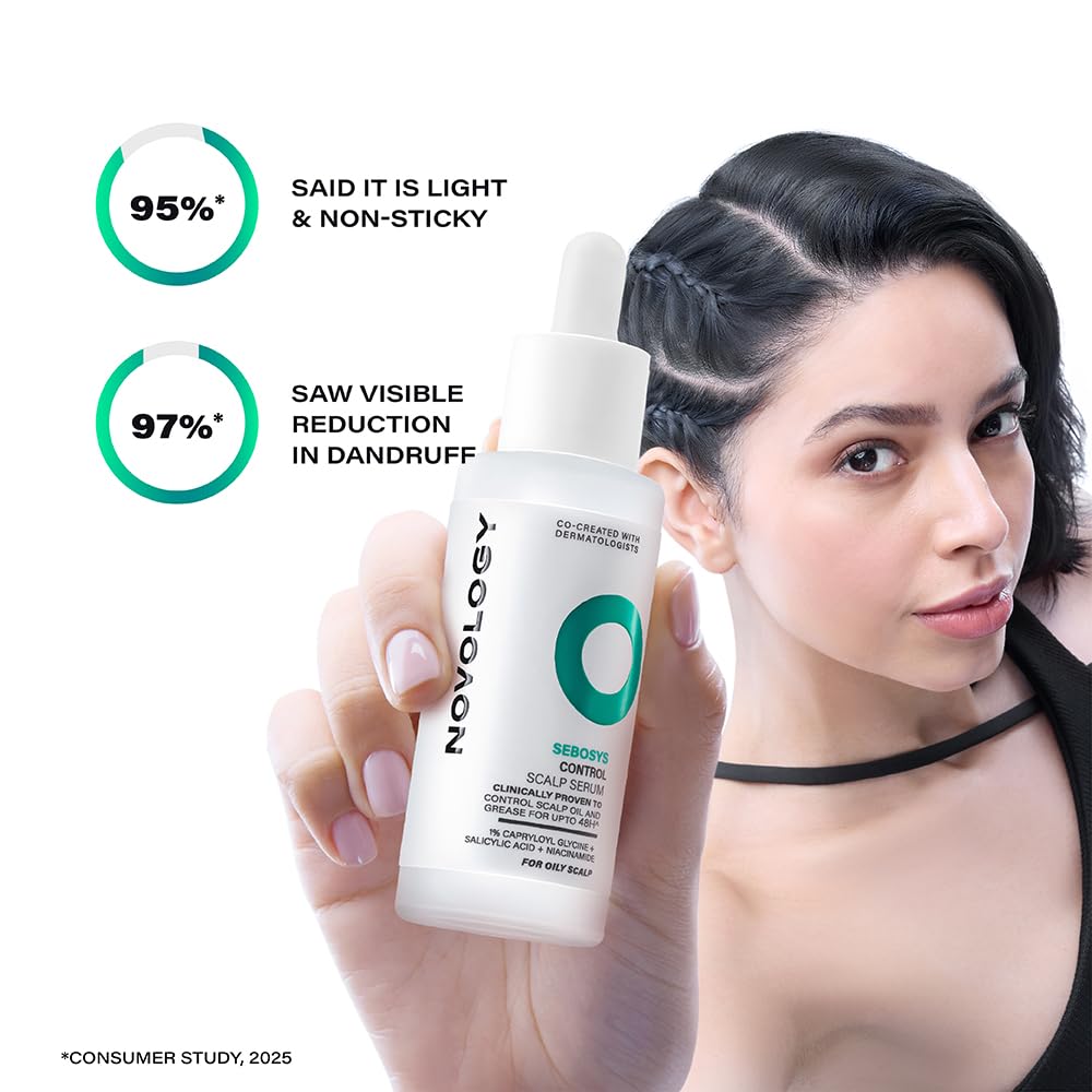 Woman holding a bottle of Noory scalp care product with text on a white background