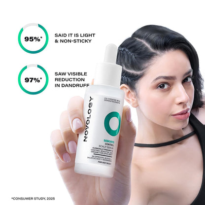 Woman holding a bottle of Noory scalp care product with text on a white background
