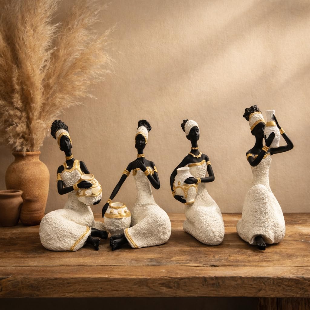 Vibrant Beautiful Finish Uniquely Hand Crafted Home Decor African Tribal Women Art Piece (African Lady Sitting Set of 4)