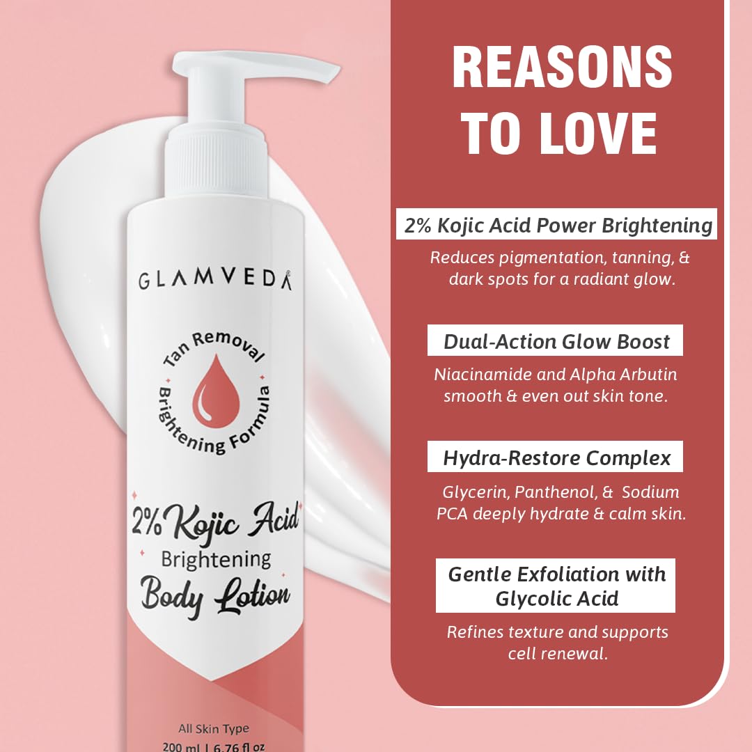 Glamveda Body Lotion with 2% Kojic Acid & Alpha Arbutin 200ml Pack of 1 | 24hr Deep Moisturizer for Dry Skin, Nourishes & Protect Skin | Remove Dark Spots, Pigmentation, Tan Removal | Non Greasy | All Skin Type