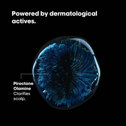Blue circular object with text about dermatological actives on a black background