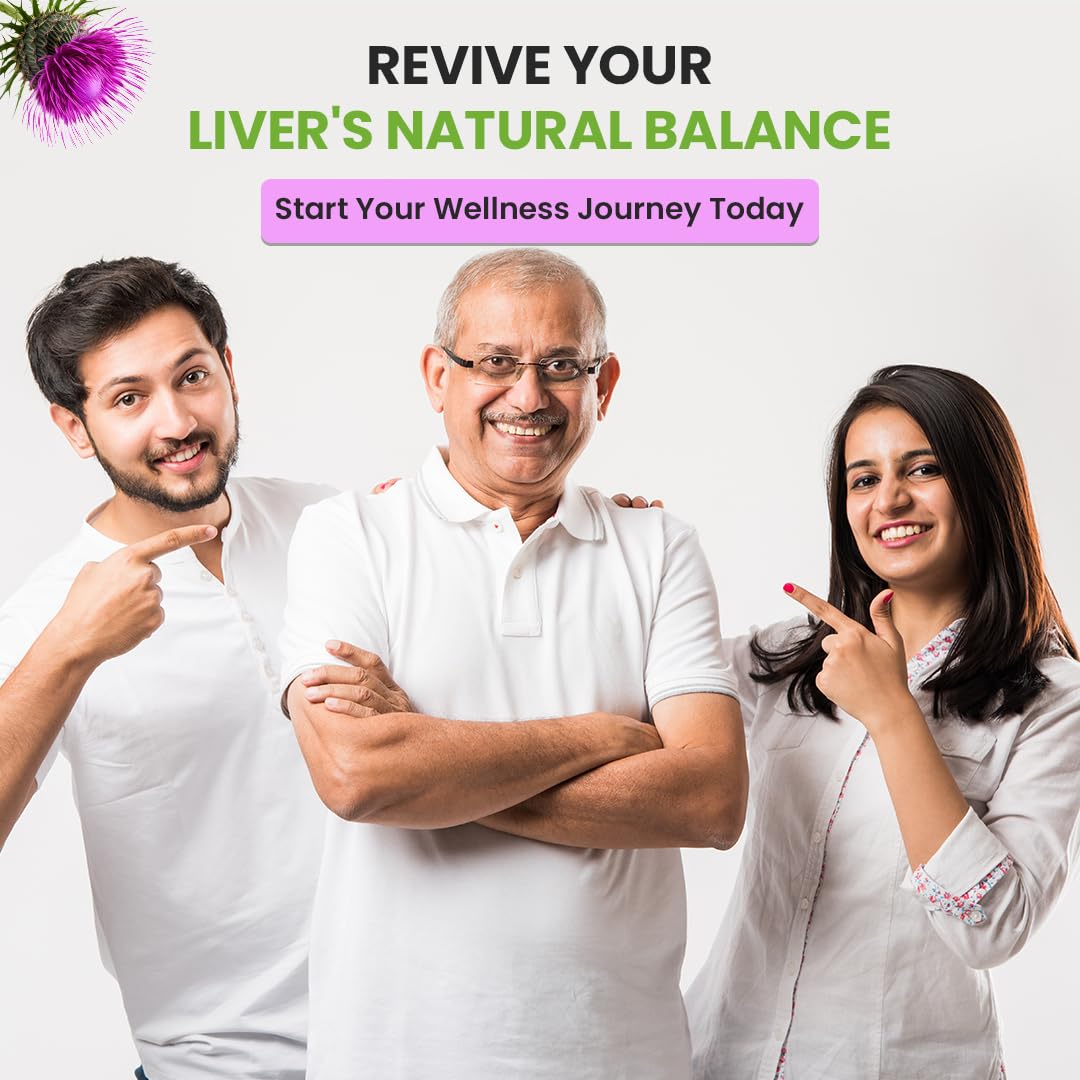 Three people posing together with text promoting liver health and wellness.