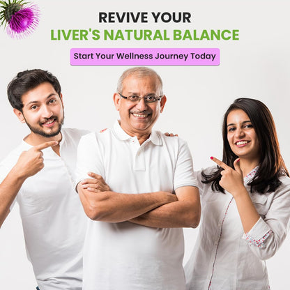 Three people posing together with text promoting liver health and wellness.