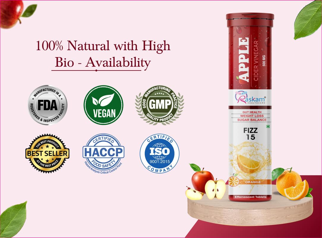 ACV Apple Cider Vinegar Effervescent Fizz 15 Tablets - For Weight Loss | Refreshing Detox & Metabolism Boost, No added Sugar (Pack of 1), Orange Flavour