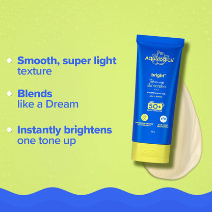 Aqualogica Bright+ Tone Up Sunscreen | Broad Spectrum SPF 50+ PA++++ with Kojic Acid & Blueberry | UVA/B & Blue Light Protection | Instantly Brightens | Lightweight, Non-Greasy, No White Cast | All Skin Types | Fragrance-Free | 50g