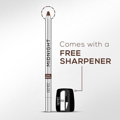 RENEE Midnight Kohl Pencil- Brown | Waterproof, Smudge-proof Kajal With Sharpener | Matte Finish, Long-lasting Upto 24 Hours | One-swipe Application With Vitamin E | 1.5 g