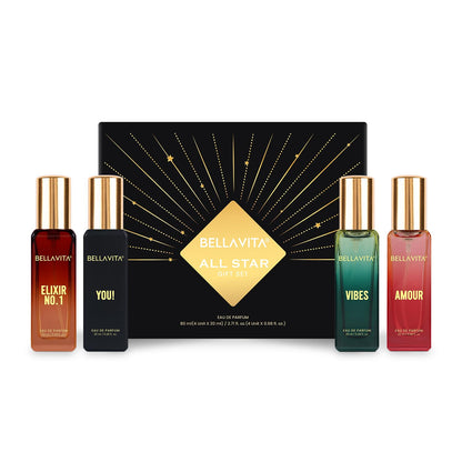 Bellavita perfume set with five bottles in front of a branded box on a white background