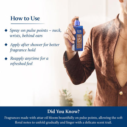Blue Nectar Sultan-e Sandalwood Attar Mist | Perfume Mist for Men & Women| Long Lasting Chandan Attar with Rose & Cinnamon | Woody Floral Body Mist | Travel Friendly (100 ml)