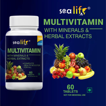 Sea Life Multivitamin With Herbal Extract With Zinc, Calcium,Vitamin C, D2 and Natural Herbal Extracts, Complete Health Booster, For Daily Immunity Strong Bones, and Enhances Energy Level (Pack of-1)