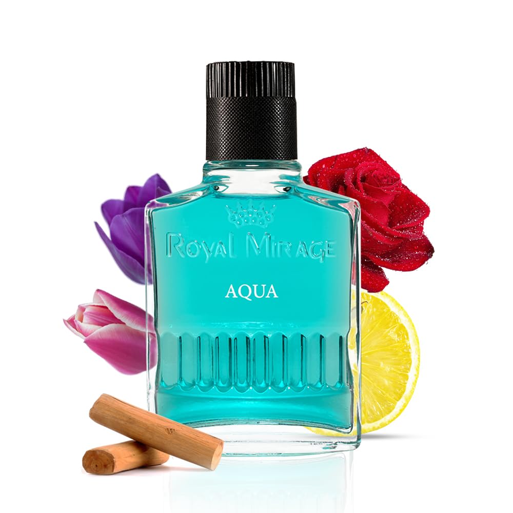 Blue perfume bottle labeled 'Royal Mirage Aqua' with flowers and a lemon on a white background