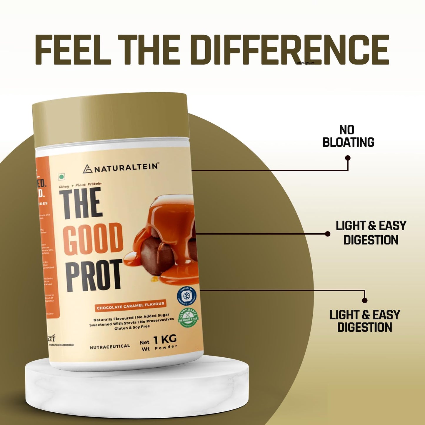 Container of 'The Good Prot' protein powder with text highlighting benefits on a beige background