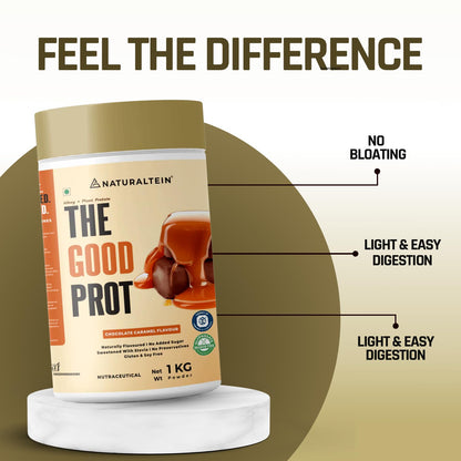 Container of 'The Good Prot' protein powder with text highlighting benefits on a beige background