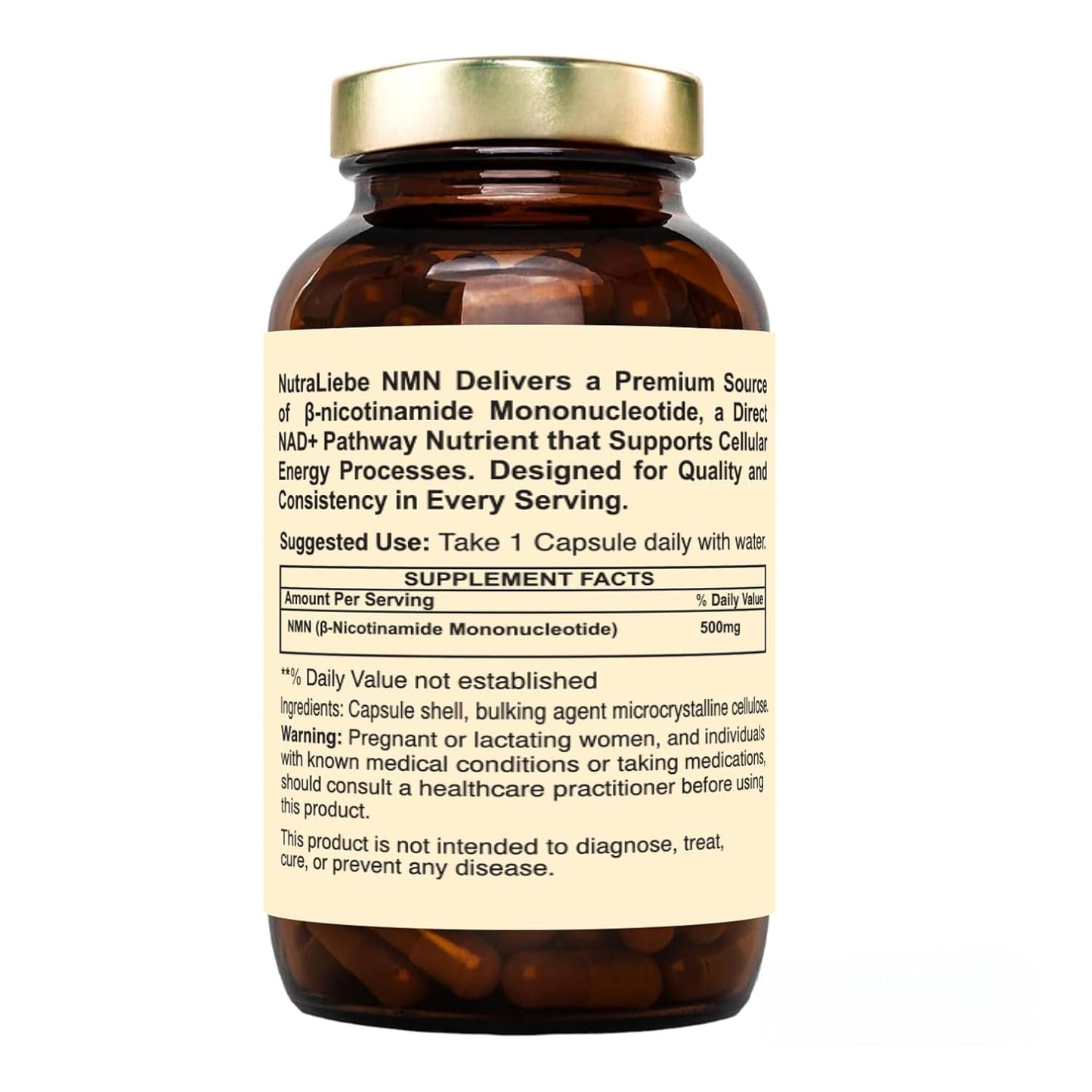 Nutraliebe NMN (β-Nicotinamide Mononucleotide) 500 mg – NAD+ Precursor for Cellular Energy, Anti-Aging & DNA Repair | Supports Brain, Metabolism & Mitochondrial Health | 90 Veg Capsules | Non-GMO & Gluten-Free