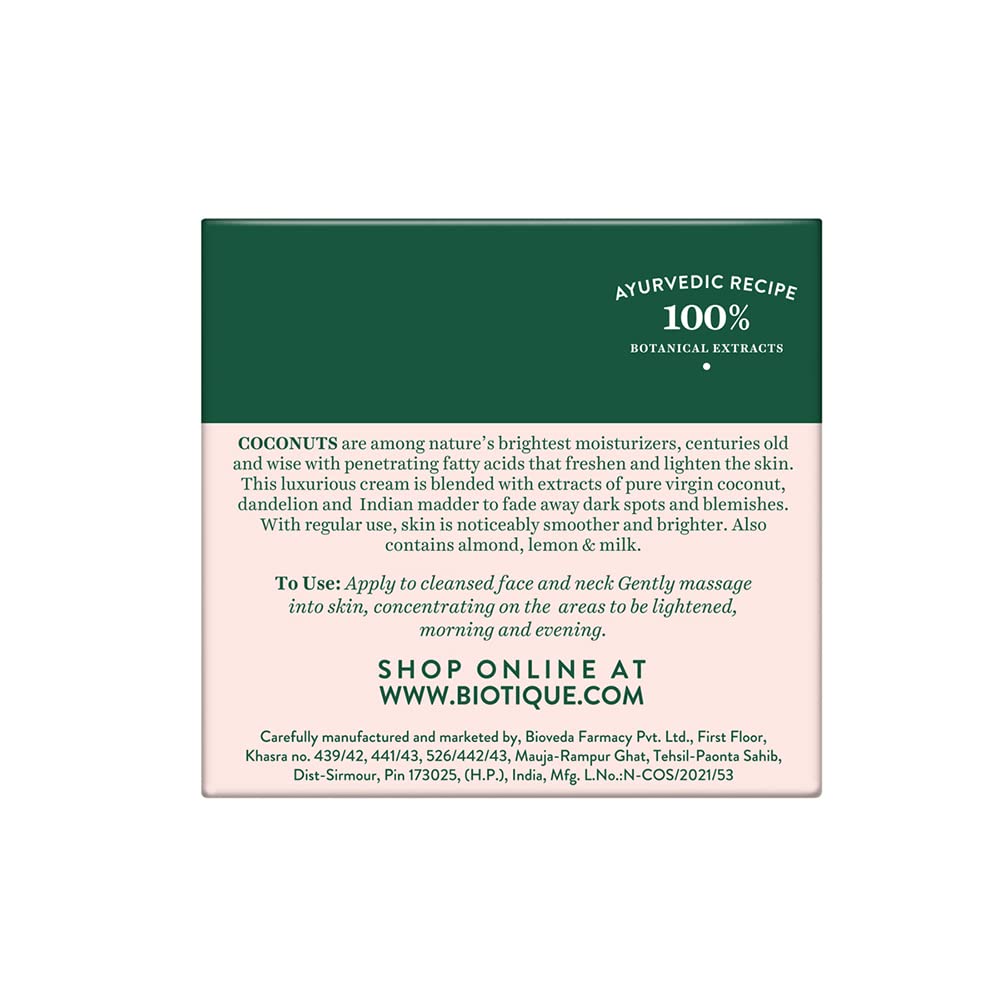 Product label with text about Ayurvedic recipe and coconut benefits on a green and pink background