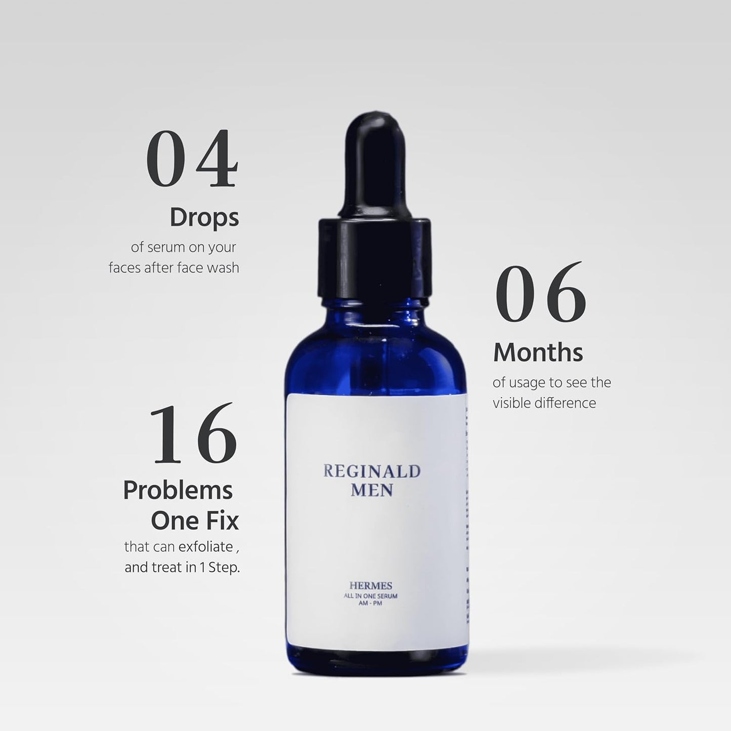 Blue serum bottle with dropper labeled 'Reginald Men' on a light gray background