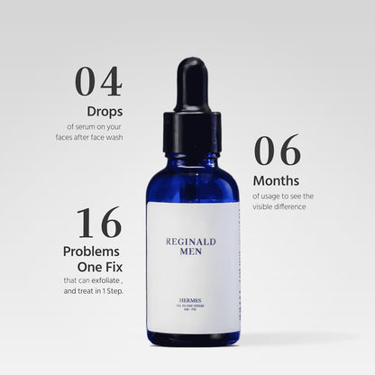 Blue serum bottle with dropper labeled 'Reginald Men' on a light gray background