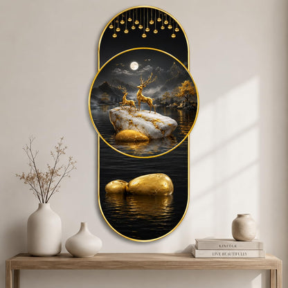 Golden Deer Lake Landscape Wall Painting for Living Room, Dining Room & Bedroom Decor, Black Gold Nature Artwork with Moon & Premium PVC Golden Frame (16 x 35 Inch)