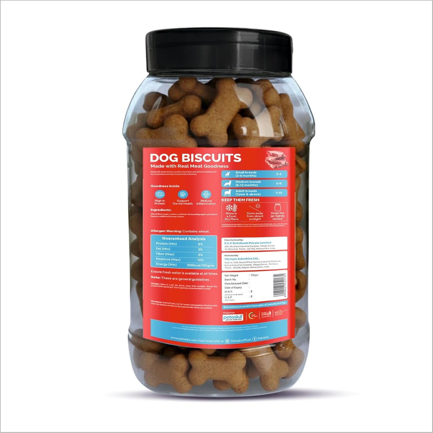Petoska Dog Biscuits | Made with Real Mutton Goodness | 500g Jar |Crunchy Treats for Small, Medium & Large Dogs | 300 kcal/100g | Complementary Dog Food | Delicious Meat-Flavoured Biscuits