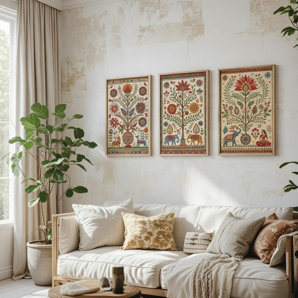 Indian Folk Art Floral Wall Painting Set of 3 with Wooden Frames | Traditional Ethnic Artwork HD Sparkle Laminated MDF Wall Decor | Boho Botanical Wall Art for Living Room Bedroom Décor