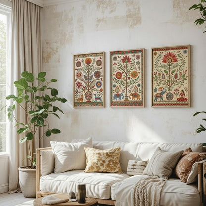 Indian Folk Art Floral Wall Painting Set of 3 with Wooden Frames | Traditional Ethnic Artwork HD Sparkle Laminated MDF Wall Decor | Boho Botanical Wall Art for Living Room Bedroom Décor